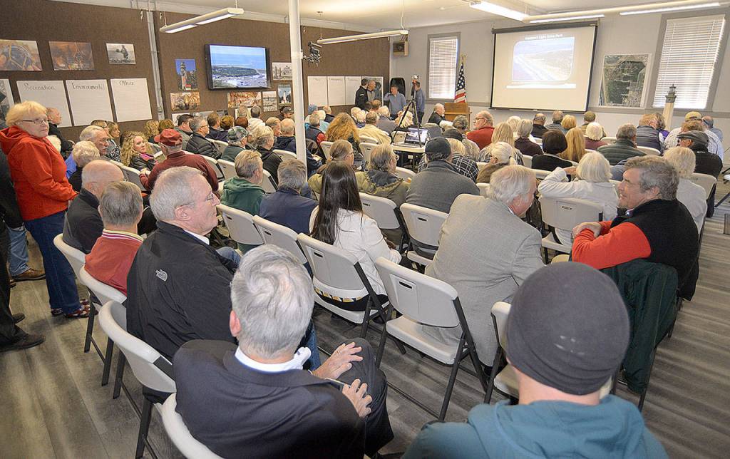 Photo by DAN HAMMOCK | GRAYS HARBOR NEWS GROUP                                It was standing room only at McCausland Hall by the time a State Parks open house to gauge public interest in a Scottish links-style golf course at Westport Light State Park began at 6 p.m. Tuesday.