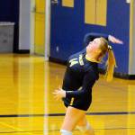 Hasani Grayson | Grays Harbor News Group Aberdeens Allison Troseth serves in the third set of a match against against Black Hills on Wednesday. Troseth had two services aces in Aberdeens 3-0 loss to the Wolves.