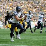 Will Dissly (88) of the Seattle Seahawks turns upfield against the Pittsburgh Steelers on Sunday, Sept. 15, 2019. Dissly is likely out for the season after suffering an Achilles injury in Sundays win over the Cleveland Browns. (Jason Pohuski/CSM/Zuma Press/TNS)