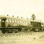 WASHINGTON STATE HISTORICAL SOCIETY COLLECTION                                A rear view of the Oregon-Washington Railway Navigations (OWRN) McKeen motor car No. 607 that ran on Grays Harbor about a hundred years ago, photographed in Montesano by Kronier.