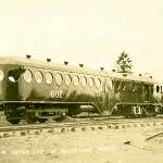 WASHINGTON STATE HISTORICAL SOCIETY COLLECTION                                A rear view of the Oregon-Washington Railway Navigations (OWRN) McKeen motor car No. 607 that ran on Grays Harbor about a hundred years ago, photographed in Montesano by Kronier.