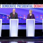 Photo by Adam Cairns/Columbus Dispatch                                From left, Sen. Bernie Sanders (I-Vt.), former Vice President Joe Biden, Sen. Elizabeth Warren (D-Mass.), South Bend, Ind. Mayor Pete Buttigieg during the Democratic Presidential Debate at Otterbein University in Westerville, Ohio, on Tuesday.