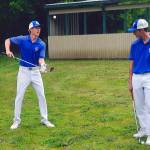 Grays Harbors Travis Bossio, right, and Cooper Benfield work on trick shots during practice at Highland Golf Course on June 4. (Hasani Grayson | Grays Harbor News Group)