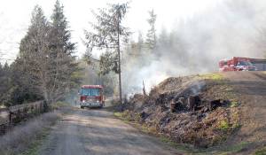 Crews from Grays Harbor Fire District 2 fight a brush fire Tuesday afternoon, Oct. 29, 2019, east of Montesano. By 10:30 a.m. Wednesday, the fire was 100 percent contained. Crews from four fire agencies were called in to help fight the blaze. (Michael Lang | Grays Harbor News Group)