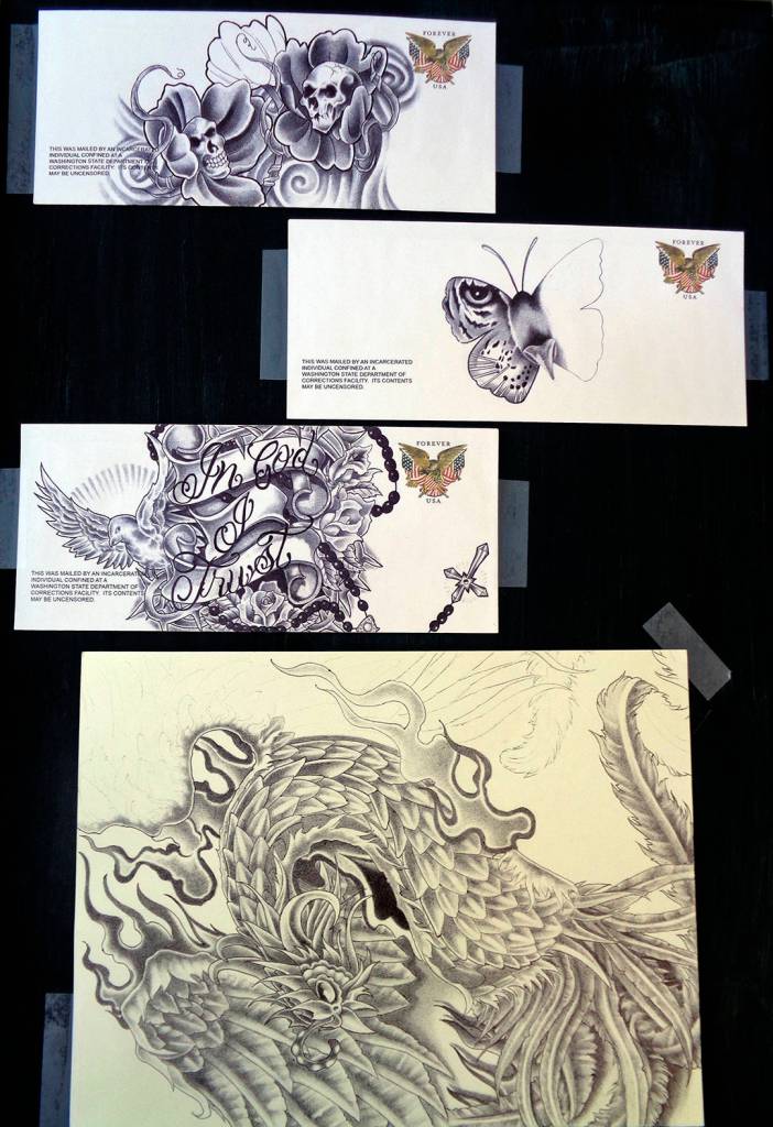 Those in the prisons maximum security unit have less access to materials, so these pencil drawings were made on envelopes and scrap paper.