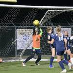 Aberdeen keeper Char Gutierrez, left, makes a save off of a Washougal corner kick late in the second half of a match against Washougal on Thursday at Stewart Field in Aberdeen. (Hasani Grayson | Grays Harbor News Group)