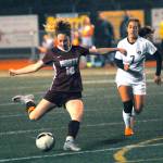 Montesanos Brooke Streeter (10) scores in the 69th minute against Kings Way Christian on Tuesday. Streeter had a goal and two assists to help the Bulldogs down the Knights 4-1. (Hasani Grayson | Grays Harbor News Group)