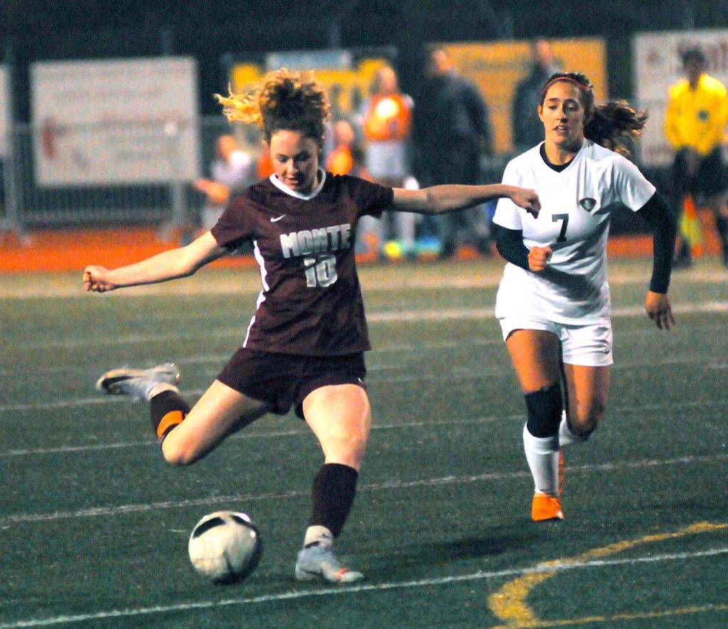 Montesanos Brooke Streeter (10) scores in the 69th minute against Kings Way Christian on Tuesday. Streeter had a goal and two assists to help the Bulldogs down the Knights 4-1. (Hasani Grayson | Grays Harbor News Group)