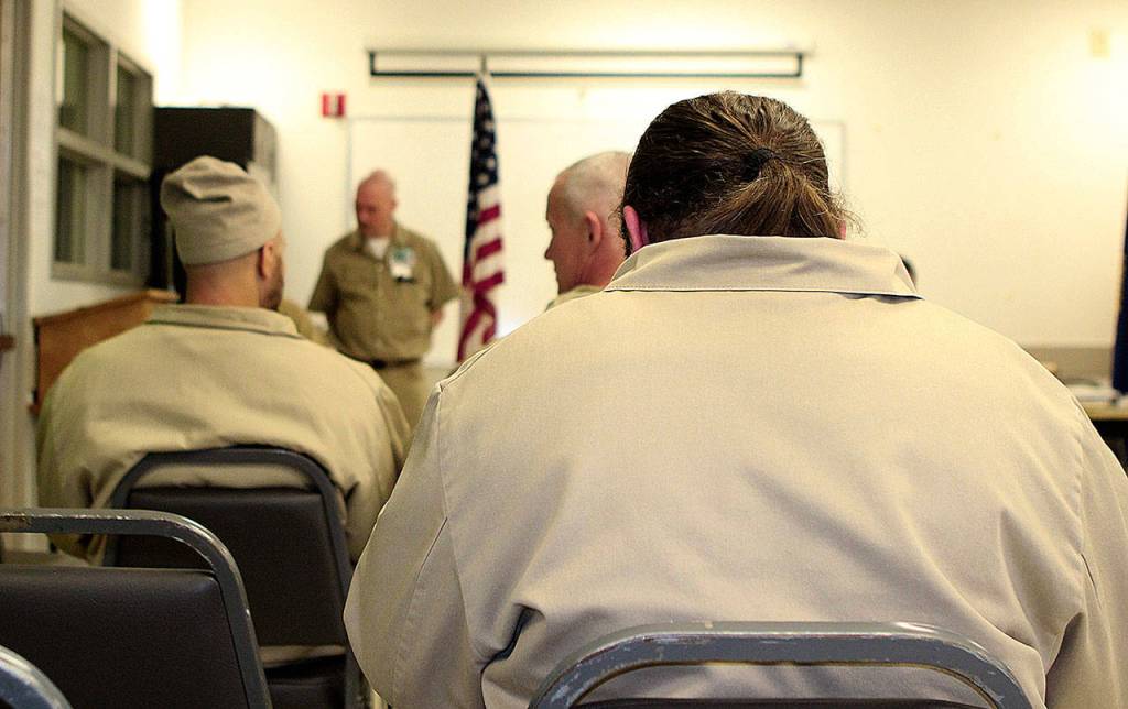 COURTESY PHOTO                                Incarcerated veterans at Stafford Creek Corrections Center gather for an American Legion meeting Oct 16. Stafford Creeks is the first ever prison-based American Legion post in the state.