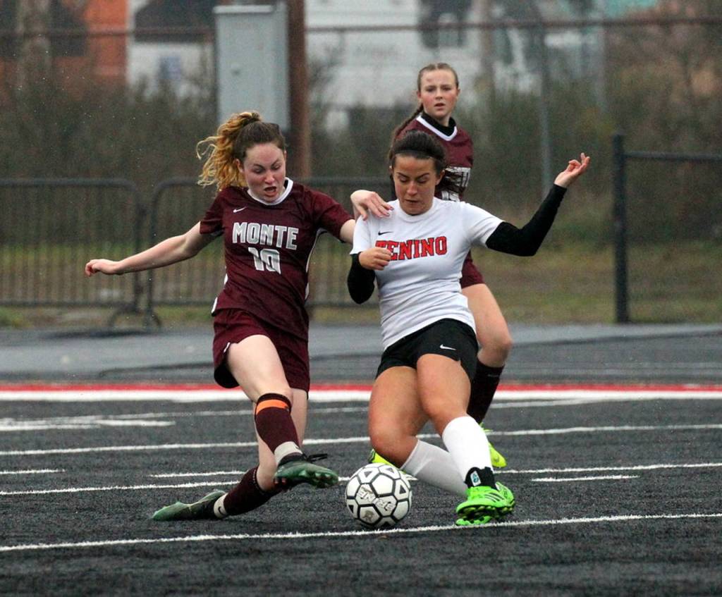 Montesanos Brooke Streeter (10) contests Teninos Iris Campesino for possession during the 1A District IV championship game on Saturday in Tenino. (Photo by Shawn Donnelly)