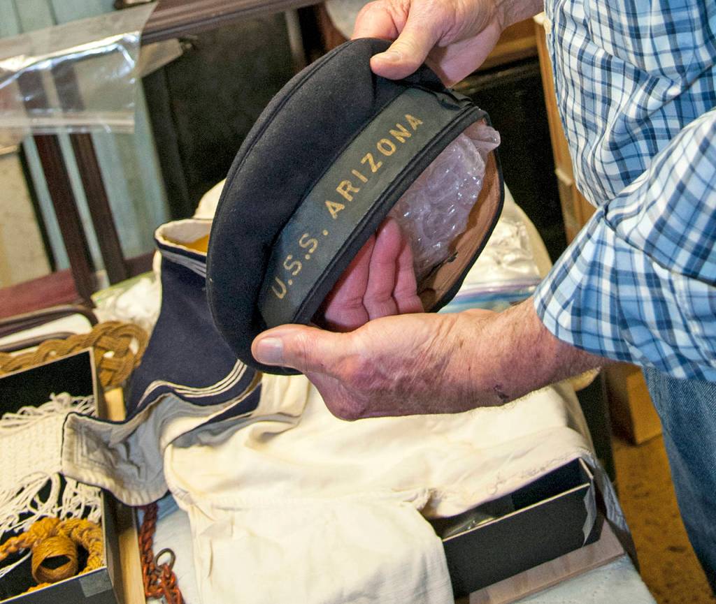 This hat is one of many USS Arizona artifacts Pete Darrah proudly displays at the Willapa Seaport Museum.