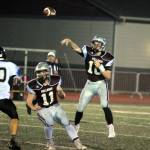 Montesano quarterback Trace Ridgway throws a pass during the Bulldogs 58-14 win over Meridian in the first round of the 1A State Football Tournament on Friday in Montesano. Ridgway threw for 186 yards and four touchdowns in the victory. (Ryan Sparks | Grays Harbor News Group)