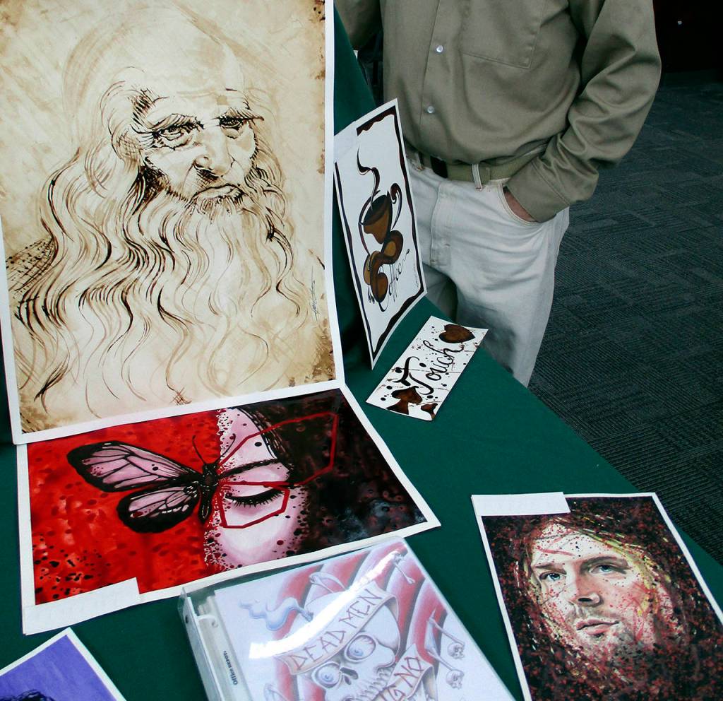 Rick, an alternative media artist, showed me portraits he had created with watercolor (Kurt Cobain) and coffee (Leonardo da Vinci), and even a heavily textured piece hed painted with some of the juice served at prison meals. I dont drink it anymore, now that I know it comes out like this, he said with a chuckle.