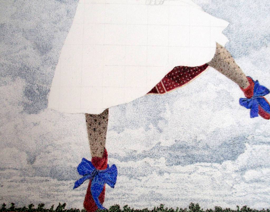 Ted creates beautifully detailed pointilist pieces with colored pencils. (He jokingly calls it analog pixelation.) Hes already got 50 hours invested in this work in progress.