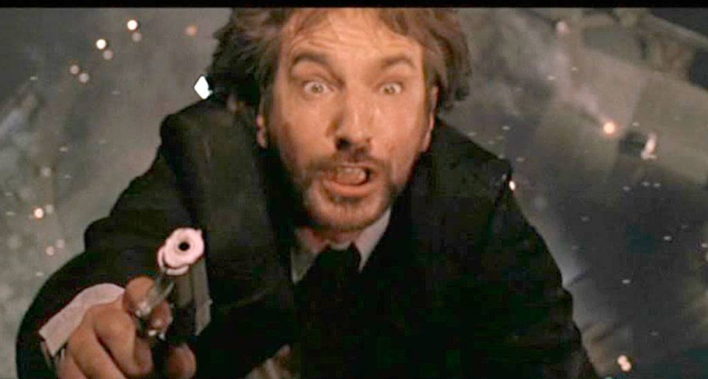 Hans Gruber, portrayed by Alan Rickman, free-falls from Nakatomi Plaza in a scene from Die Hard. It was the British actors first cinematic role. (Twentieth Century Fox)