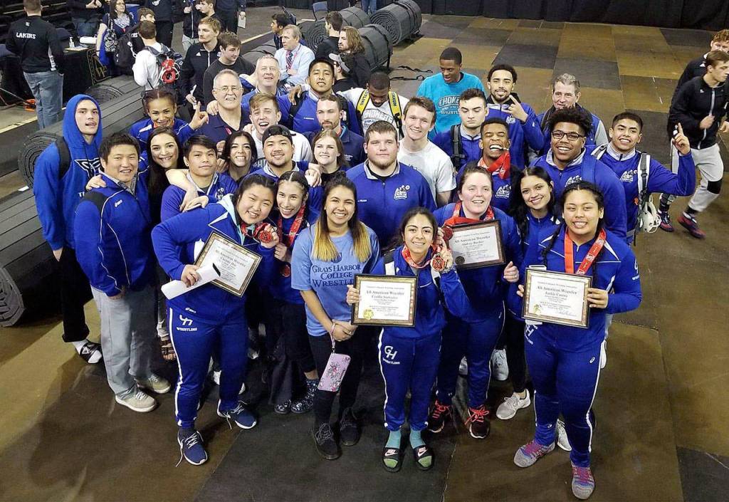 The Grays Harbor wrestling team poses for a photo at the conclusion of the NCWA Nationals in Allen, Texas in March. The Chokers women took the team title while the mens team placed seventh. (Submitted photo)