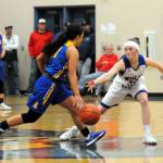 Willapa Valleys Olivia Betrozoff, right, defends against Adnas Tyas Pannette during the Vikings 45-26 loss on Saturday in Menlo. (Ryan Sparks | Grays Harbor News Group)