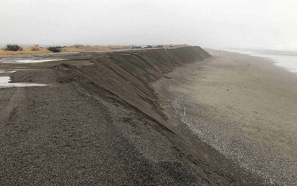 COURTESY ARMY CORPS OF ENGINEERS                                The Army Corps of Engineers is about halfway through placing some 55,000 cubic yards of sand on the Westport south jetty breach fill. The project is expected to last to about mid-March.