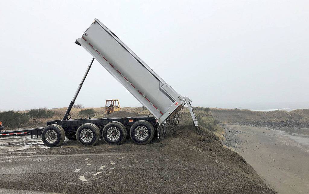 COURTESY ARMY CORPS OF ENGINEERS                                Contractors with Northwest Rock Inc. of Aberdeen are about halfway through an Army Corps of Engineers project to shore up the breach fill area between the Westport south jetty and the mainland.