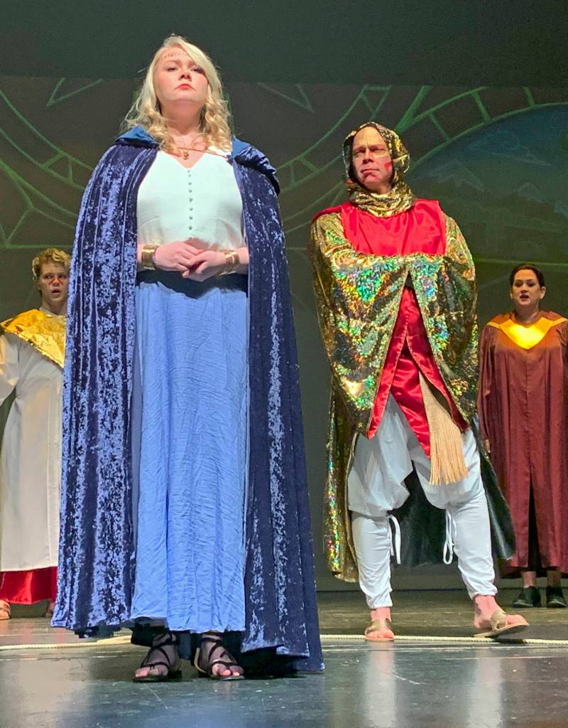 Sarastro (Jeff Beard) approaches Pamina (Danielle Tobin).