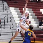 Montesano sophomore Paige Lisherness (23) scores on a layup during Saturdays 68-49 win over Adna at Montesano High School. Lisherness scored a team-high 19 points in the victory. (Ryan Sparks | Grays Harbor News Group)