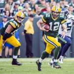 Green Bay Packers quarterback Aaron Rodgers scrambles for a first down in the third quarter against the Seattle Seahawks on Sunday, Sept. 10, 2017 at Lambeau Field in Green Bay, Wisconsin. (Bettina Hansen | Seattle Times/TNS)
