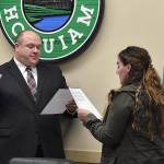 DAN HAMMOCK | GRAYS HARBOR NEWS GROUP                                Ben Winkelman was sworn in as Mayor of Hoquiam prior to the City Council meeting Monday. Finance Director Corri Schmid performed the swearing in.