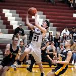 Montesanos Colby Adams drives to the hoop during the Bulldogs 47-33 victory over Forks on Thursday in Montesano. (Ryan Sparks | Grays Harbor News Group)