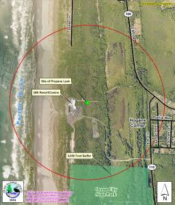 COURTESY GRAYS HARBOR EMERGENCY MANAGEMENT                                The location of Fridays gas leak near the Quinault Beach Resort and Casino, with the circle representing the 3,000-foot buffer that closed sections of State Route 115 and State Route 109 for about four hours.