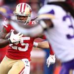 San Francisco 49ers defensive back Richard Sherman (25) runs after intercepting a pass against the Minnesota Vikings in the third quarter of the NFC Divisional Round Playoffs at Levis Stadium in Santa Clara, California, on Saturday, Jan. 11, 2020. (Ezra Shaw/Getty Images/TNS)