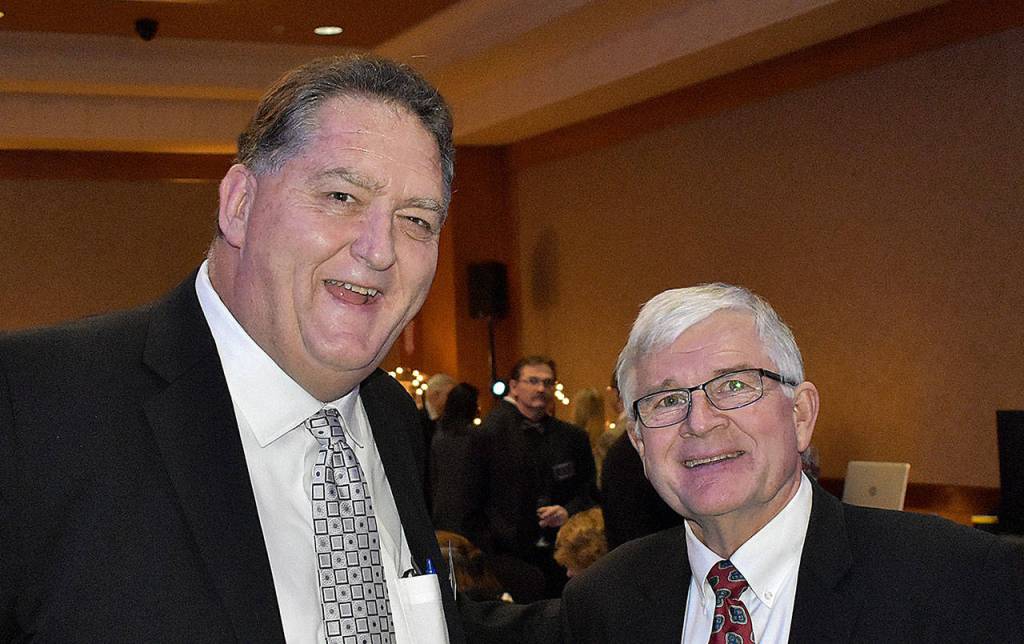 DAN HAMMOCK | GRAYS HARBOR NEWS GROUP                                Port of Grays Harbor Executive Director Gary Nelson, left, and 19th Legislative District Sen. Dean Takko, D-Longview, attend the Black and White Gala fundraiser in Ocean Shores.