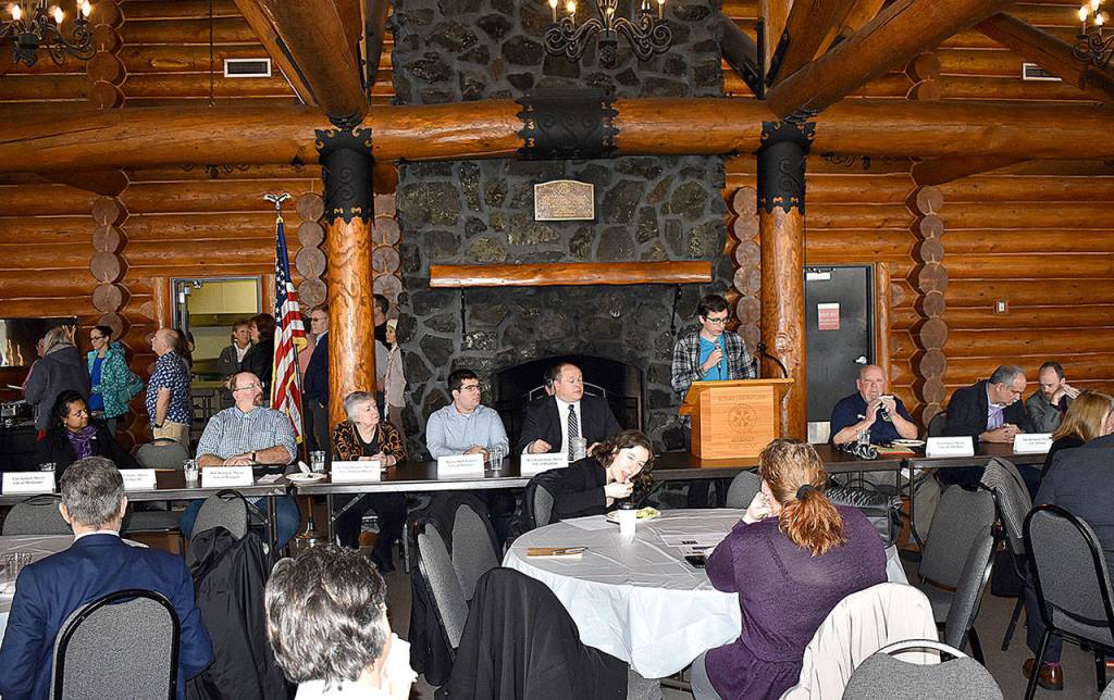 DAN HAMMOCK | GRAYS HARBOR NEWS GROUP                                The head table at Greater Grays Harbor Inc.s Lunch with the Mayors Tuesday featured, from left, Montesano Mayor Vini Samuel, Westport Mayor Rob Bearden, Ocean Shores Mayor Crystal Dingler, McCleary City Councilman Brycen Huff (Mayor pro tem in Brenda Orffers absence), Hoquiam Mayor Ben Winkelman, Aberdeen Mayor Pete Schave, Elma Mayor Jim Sorensen, and Cosmopolis Mayor Kyle Pauley. At the podium is Kris Koski, who spoke about the upcoming Aberdeen School District levies.