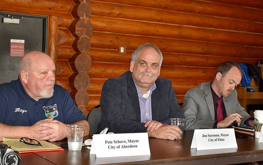 DAN HAMMOCK | GRAYS HARBOR NEWS GROUP                                Two first-term mayors flank a second-term mayor at Tuesdays Lunch with the Mayors event. From left, Aberdeen Mayor Pete Schave, Elma Mayor Jim Sorensen, and Cosmopolis Mayor Kyle Pauley.