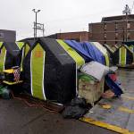 Aberdeens temporary homeless camp behind City Hall on Dec. 16. (Thorin Sprandel | Grays Harbor News Group)