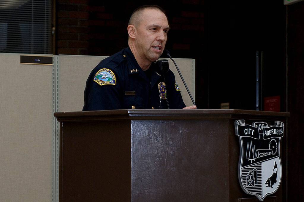 Aberdeen Police Chief Steve Shumate briefs City Council about public safety considerations of the homeless camp. (Thorin Sprandel | Grays Harbor News Group)