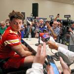 Kansas City Chiefs quarterback Patrick Mahomes is interviewed by the media as the Chiefs prepare to play the San Francisco 49ers in Super Bowl LIV, on Tuesday, Jan. 28, 2020 Aventura, Fla. (Charles Trainor Jr./Miami Herald/TNS)