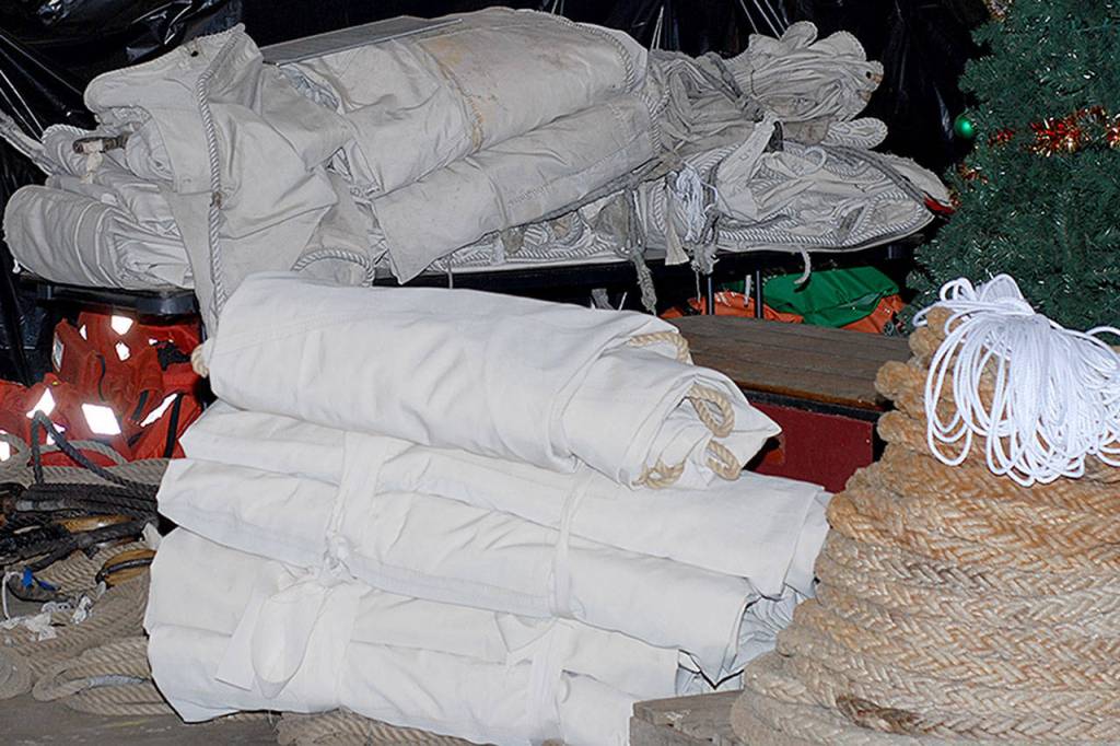 Some of the Lady Washingtons new sails (front) that will replace the old ones (back) that have been used for 10 seasons. (Thorin Sprandel | Grays Harbor News Group)