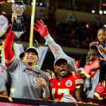 Kansas City Chiefs quarterback Patrick Mahomes holds the Vince Lombardi Trophy after winning Super Bowl LIV against the San Francisco 49ers, 31-20, at Hard Rock Stadium in Miami Gardens, Fla., on Sunday. The Chiefs won 31-20. (Charles Trainor Jr. | Miami Herald/TNS)