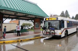 Michael Lang | Grays Harbor News Group                                 A Grays Harbor Transit bus waits to resume its trip toward Olympia on Thursday at the Montesano Station. GH Transit is considering expanding express service to Olympia and constructing park and ride lots along U.S. Highway 12/State Route 8.