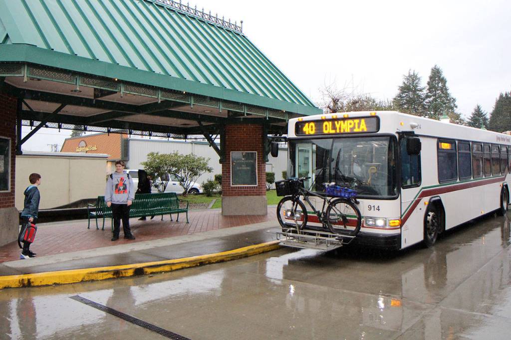 Michael Lang | Grays Harbor News Group                                 A Grays Harbor Transit bus waits to resume its trip toward Olympia on Thursday at the Montesano Station. GH Transit is considering expanding express service to Olympia and constructing park and ride lots along U.S. Highway 12/State Route 8.