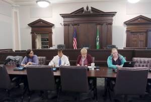 From left, Andrea McNamara Doyle, director at the Office of the Chehalis Basin; board member J. Vander Stoep; board member Edna Fund; and Cindy Bradley take part in an OCB board phonecall Wednesday, Jan. 29, 2020, in Chehalis. Grays Harbor County Commissioner Vickie Raines took part in the meeting by phone.(Michael Lang | Grays Harbor News Group)                                Michael Lang | Grays Harbor News Group                                 From left, Andrea McNamara Doyle, director at the Office of the Chehalis Basin; board member J. Vander Stoep; board member Edna Fund; and Cindy Bradley take part in an OCB board phonecall Wednesday, Jan. 29, 2020, in Chehalis. Grays Harbor County Commissioner Vickie Raines took part in the meeting by phone.