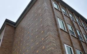 DAN HAMMOCK | GRAYS HARBOR NEWS GROUP                                 The metal rosebuds on the north side of Hoquiam Manor connect the exterior bricks to the interior structure to prevent bricks from breaking loose during seismic activity.