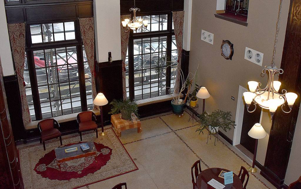 DAN HAMMOCK | GRAYS HARBOR NEWS GROUP                                 The lobby of Emerson Manor as viewed from above shows the original floor still intact after a major structural and interior overhaul of Hoquiams downtown centerpiece reached its conclusion earlier this month.