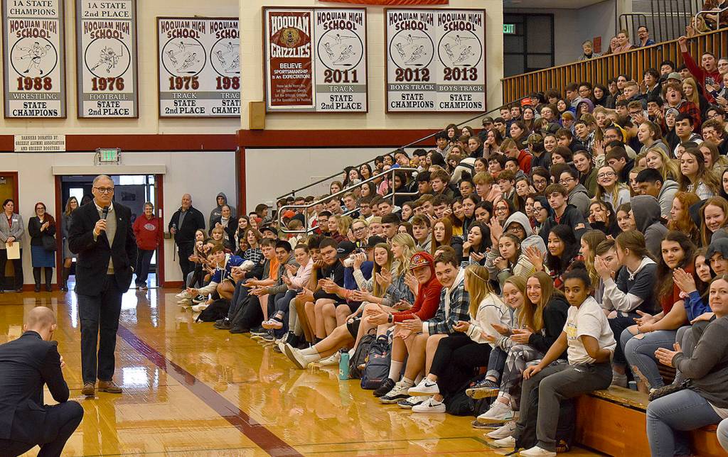 DAN HAMMOCK | GRAYS HARBOR NEWS GROUP                                 Gov. Jay Inslee speaks to Hoquiam High School students Wednesday.