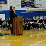 Gov. Jay Inslee during his speech to Aberdeen High School students in the gym on Wednesday. (Thorin Sprandel | Grays Harbor News Group)