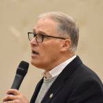 DAN HAMMOCK | GRAYS HARBOR NEWS GROUP                                 Gov. Jay Inslee congratulated Hoquiam High School students on their Food Ball victory over Aberdeen as he began his talk Wednesday.