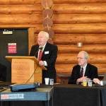 DAN HAMMOCK | GRAYS HARBOR NEWS GROUP                                 Port of Grays Harbor Commission President Stan Pinnick delivers his remarks at the Ports annual business report breakfast Wednesday. From left are Port Executive Director Gary Nelson, Pinnick, and Port Commissioners Tom Quigg and Phil Papac.