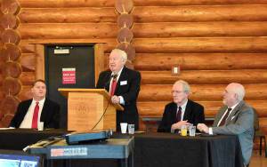 DAN HAMMOCK | GRAYS HARBOR NEWS GROUP                                 Port of Grays Harbor Commission President Stan Pinnick delivers his remarks at the Ports annual business report breakfast Wednesday. From left are Port Executive Director Gary Nelson, Pinnick, and Port Commissioners Tom Quigg and Phil Papac.