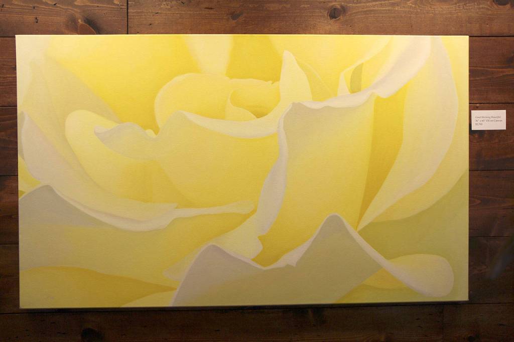 Trina Moores oil painting Good Morning Beautiful is hung on a wall Feb. 6, 2020, at The Moore Gallery in Montesano. (Michael Lang | Grays Harbor News Group)