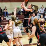 Raymond sophomore guard Kyra Gardner, seen here taking a jump shot against South Bend on Jan. 9, was named the 2B Pacific League MVP after leading the league in scoring at 24.1 points per game. (Photo by Larry Bale)